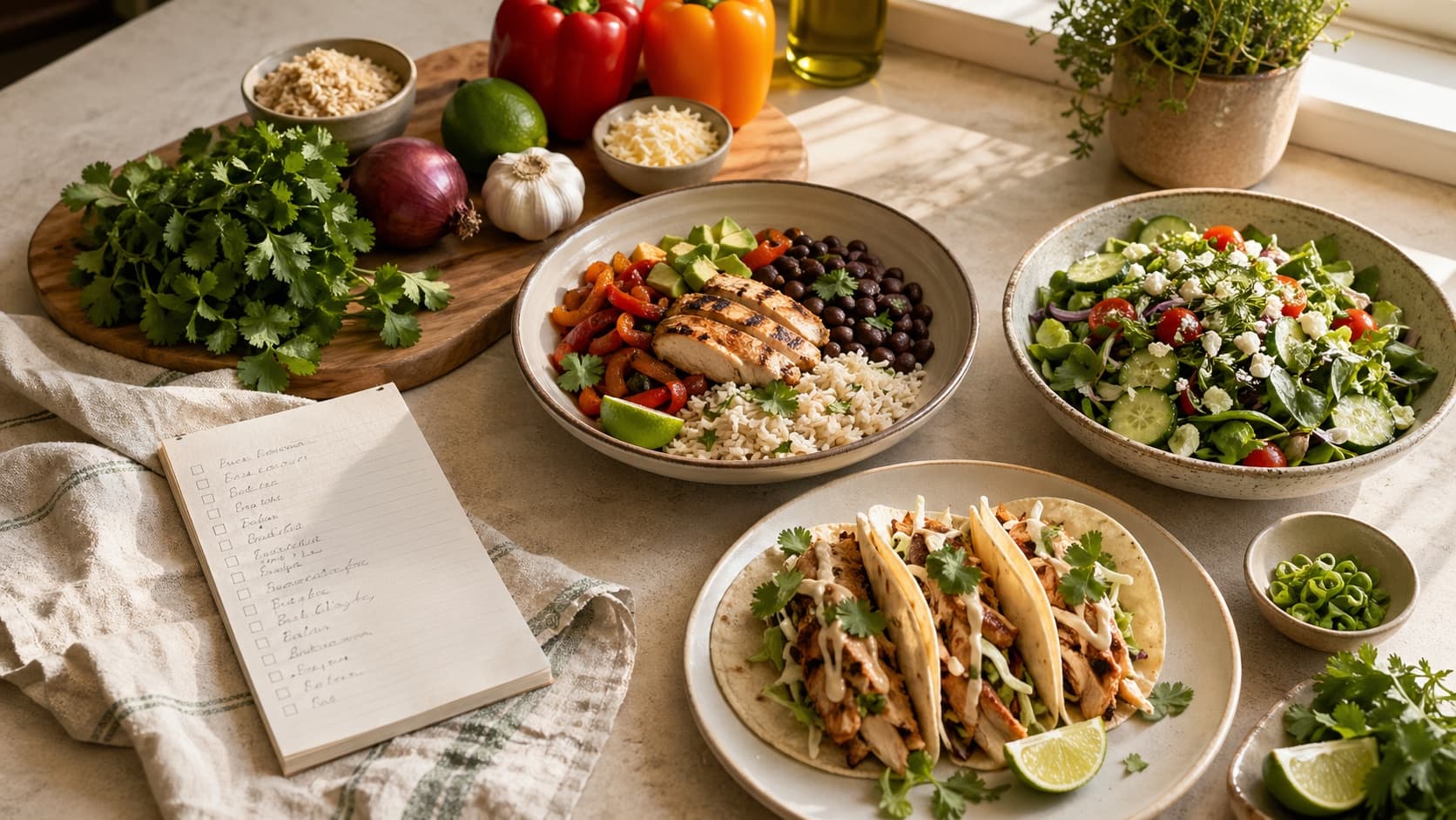 A planned week of chicken tacos, rice bowls, and salad made from shared ingredients