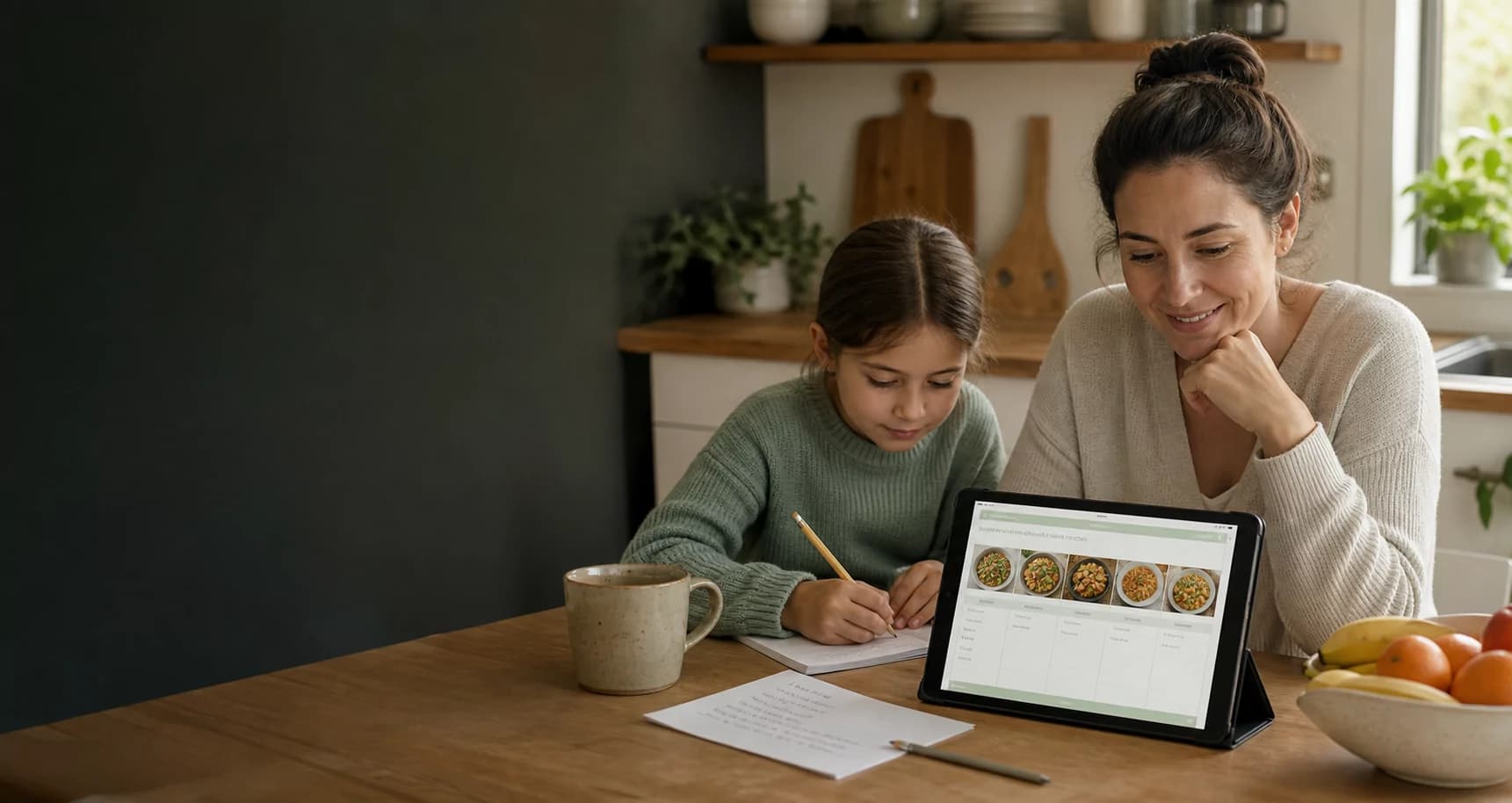 A parent calmly planning the family's dinner week with a child at the kitchen table